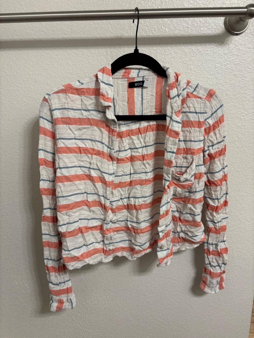 BDG Striped Button-Front Top in Coral, Blue & White